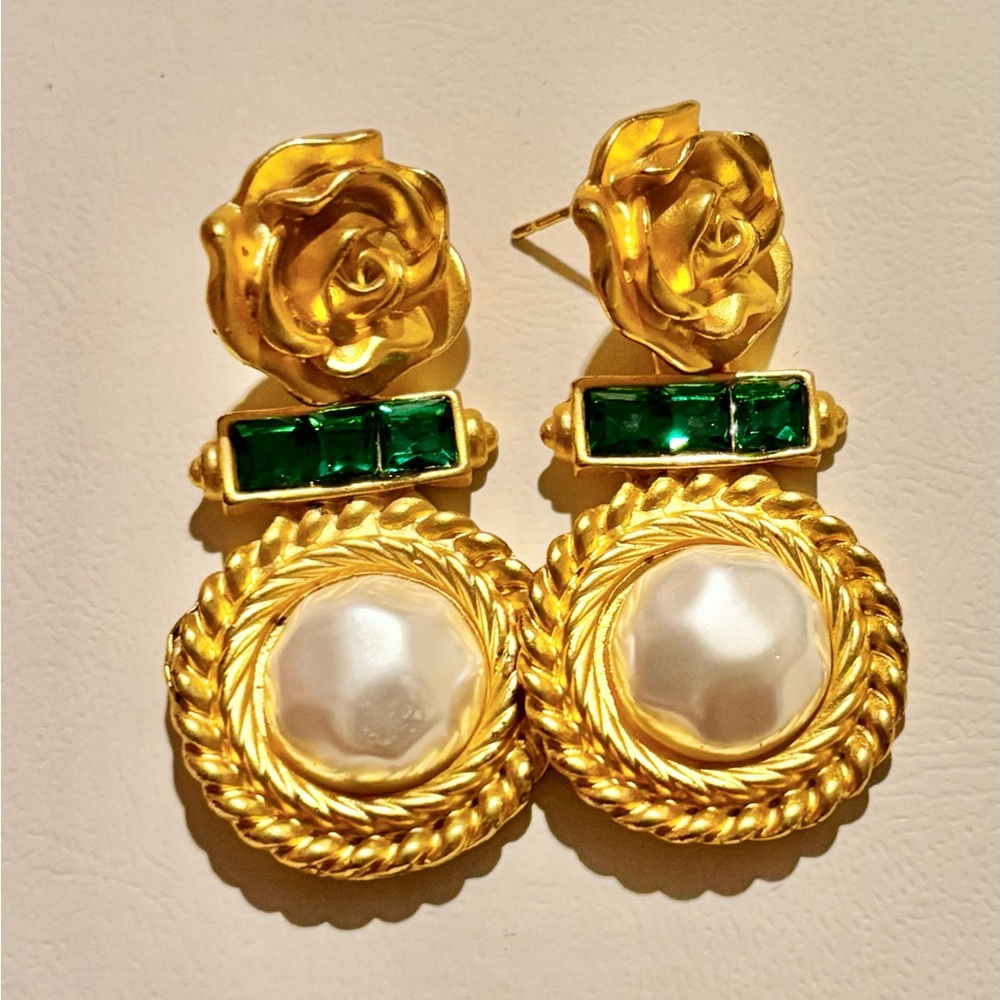 Gold Rose Pearl Drop Earrings with Emerald Accents - Women Jewelry